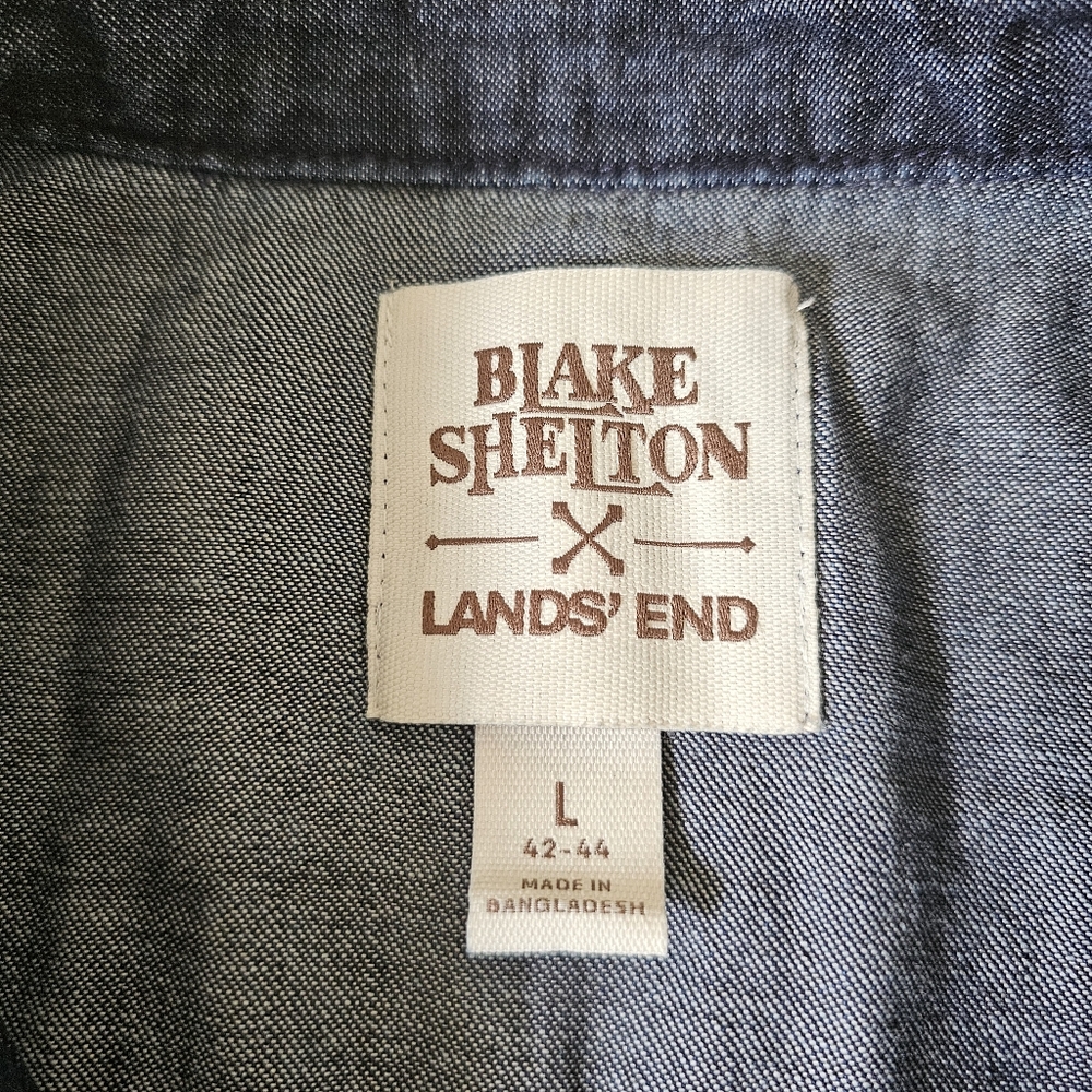 Lands End Blake Shelton Denim Jean Shirt Size L Pearl Snap Front Mens Blue - Picture 12 of 14